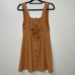 FP Free People Beach Olivia Ribbed Knit Cutout Tie Front Mini Dress Amber Size M